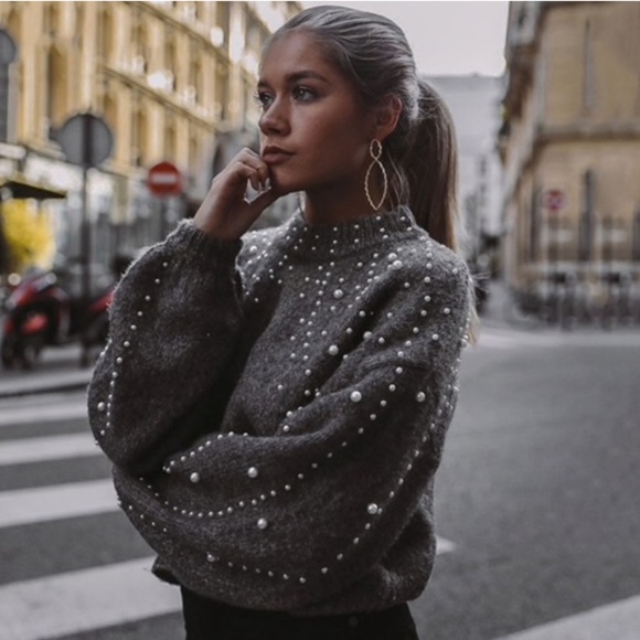 Sweaters - Pearl Beading Lantern Sleeve High Neck Sweater